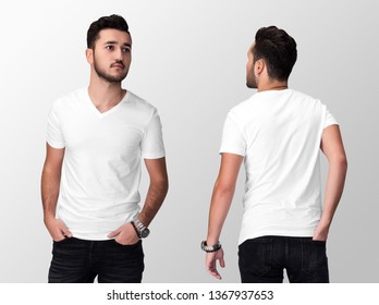 White blank t-shirt on a young middle eastern man in jeans, isolated on a white studio background, front and back view mockup of white v-neck t-shirt with place for your logo or design