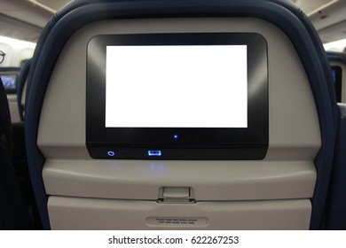 White Blank TV Television On Economy Seat Plane Back View