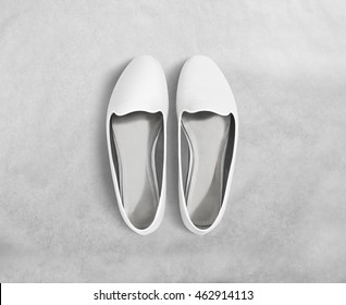 White Blank Women Shoes Mockup Stand Isolated, Clipping Path. Female Ballet Foot Wear Design Mock Up With Clear Insole. Clean Lady Footwear Template Wth Flat Slip. Plain Dance Girls Shoe Display.