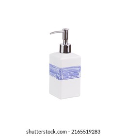 White and blue ceramic accessories for bath - bowl, soap dispenser and other accessories. Decor for bathroom interior, white Bath Accessories - Shutterstock ID 2165519283