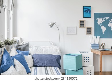 White And Blue Designed Teen Boy Bedroom