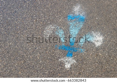 White and blue fleur-de-lis painted on asphalt. Fleur-de-lis is the symbol of Quebec province in Canada.