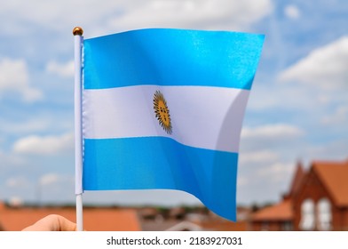 White And Blue National Flag With Sun Of Argentina Close Up.