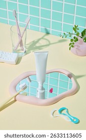 White and blue toothpaste tubes styled with floss pick and plants, displayed on a cream surface with light and shadow. Green mosaic tile adds a clean touch.