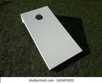 white board with hole for beanbag toss on grass