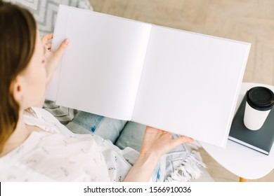 White Book Mockup. Square Empty Book. Album With Clean Pages In Hands Of Woman. Clean Book Cover Mockup