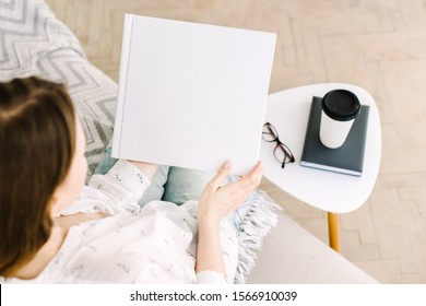 White Book Mockup. Square Empty Book. Album With Clean Pages In Hands Of Woman. Clean Book Cover Mockup