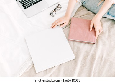 White Book Mockup. Square Empty Book. Album With Clean Pages In Hands Of Woman. Clean Book Cover Mockup