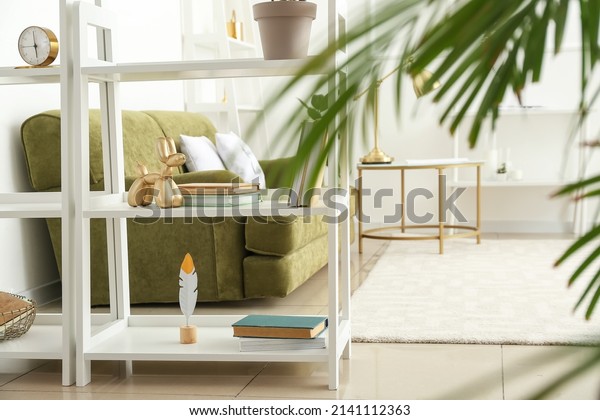 White book\
shelves with decor in light living\
room