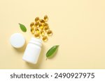 White bottle with pills on a color background. Fish oil tablets. Biologically active additives. Omega 3, 6, omega 9, vitamin A, E, D,