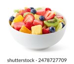 White bowl of fresh fruit salad isolated on white background. Healthy summer meal