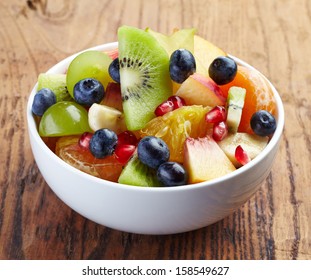 White Bowl Of Fresh Healthy Fruit Salad On Wooden Background
