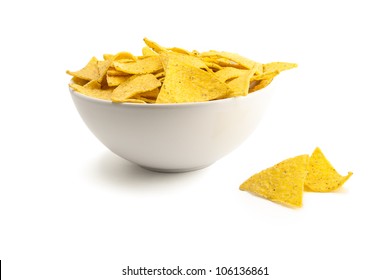 White Bowl Of  Nacho Chips Isolated