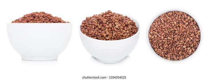 White bowl with natural organic granola cereal chocolate flakes on white.Top view - Powered by Shutterstock