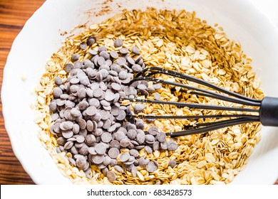 White Bowl Of Raw Banana Oatmeal Chocolate Chip Cookie Dough