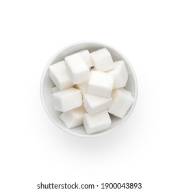 White Bowl Of Sugar Cubes Isolated On White Background, Top View, Flat Lay