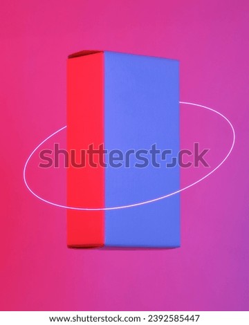 white box floating in the air, isolated in blue-red neon gradient light with ellipse. Minimal concept