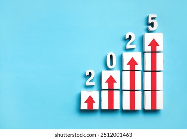 White boxes with red arrow forming a rising bar graph with numbers 2025 on top.symbolizing business growth.strategy planning - Powered by Shutterstock - Get 15% off with code: PIKWIZARD15