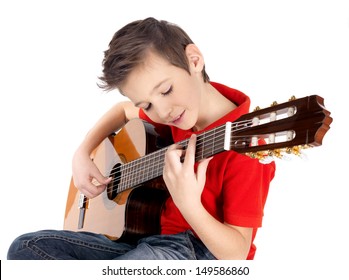 White boy is playing on acoustic guitar - isolated on white background