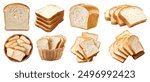 White bread bun loaf slice isolated. Many assorted different angles, stack, basket, pile. Mockup template for artwork