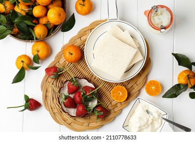 White Bread, Cream, And Fruit, Ingredient Making Japanese Fruit Sandwich. Top View