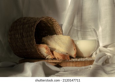 White Bread With Salt And Milk On Wooden Chopper