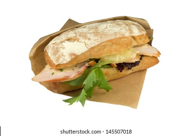 White Bread Sandwich Smoked Chicken In A Paper Bag, Isolated On A White Background.