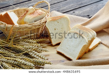 white bread or sliced bread in the basket on wooden floor with sack cloths. 