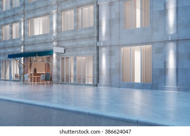 White Brick Building And Cafe Exterior At Night. 3D Render