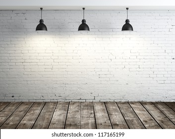 white brick room with ceiling lamp