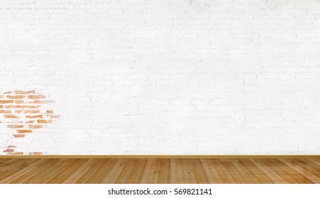 White Brick Wall And Empty Wood Floor.