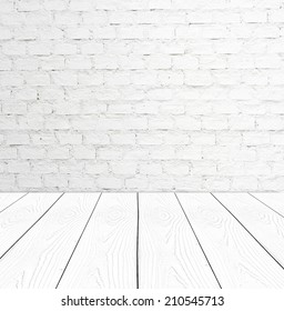 White Brick Wall And Perspective White Wood, Template, Room, Table.