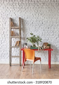 White Brick Wall Red Table Orange Chair Interior With Old Stairs