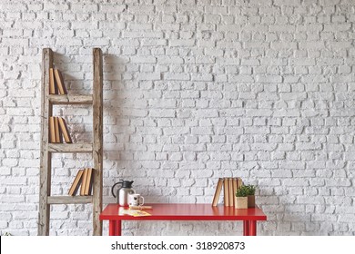 White Brick Wall Red Table Interior With Old Stairs