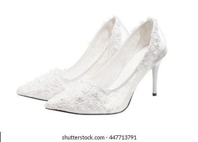 White Bridal Wedding Shoes (footwear) Isolated On White Background. Clipping Path Inside.