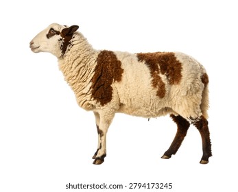 White and Brown Patchwork Sheep Farm Livestock Isolated on White Background