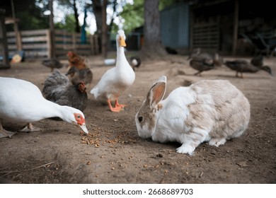 A white and brown rabbit eats grain off the ground surrounded by ducks and chickens in a farmyard scene
