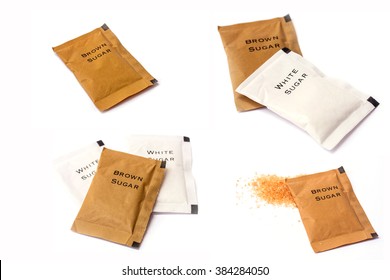 White And Brown Sugar Bag On White Background.