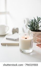 White Burning Candle On Table, Home Interior Decorations