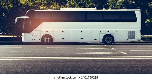 White bus on the road. Copy space for text or design