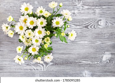 White bush chrysanthemums on a gray wooden table. - Powered by Shutterstock