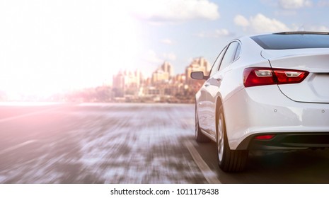 White Business Car Moving On Highway