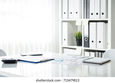 White Business Meeting Room Interior With Documents On A Table Inside The Office, No People