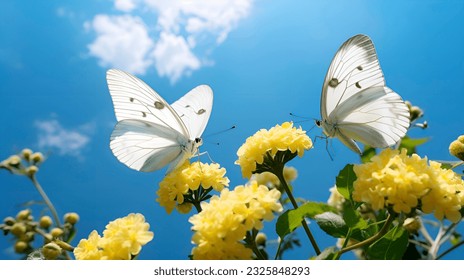 White butterflies close up macro photo. Detailed butterfly black-veined white Pieridae on yellow garden flowers. Sunny summer outdoor landscape. Wild nature poster photo