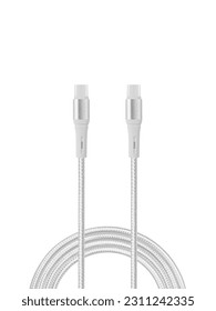 White cable for charging and synchronization with Type - C, USB, Micro USB, Lightning connectors on a white background close-up - Shutterstock ID 2311242335