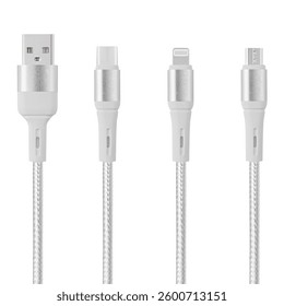 white cable for charging and synchronization with Type - C, USB, Micro USB, Lightning connectors on a white isolated background close-up