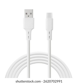 white cable for charging and synchronization with Type - C and USB connectors on a white isolated background close-up