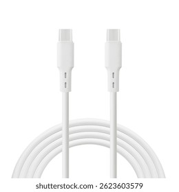 white cable for charging and synchronization with Type - C and Type - C connectors on a white isolated background close-up