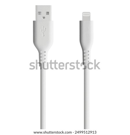 White cable for charging and synchronization with Type - C, USB, Micro USB, Lightning connectors on a white background close-up