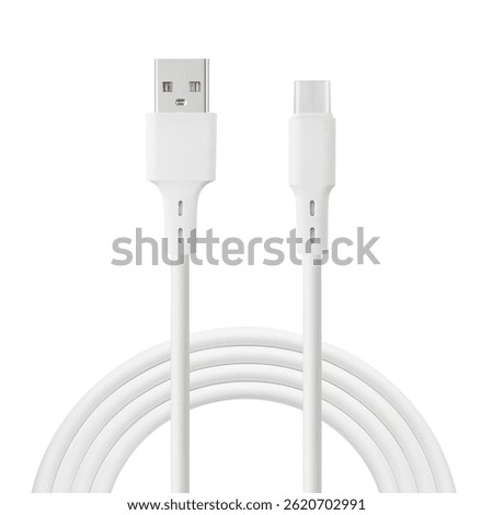 white cable for charging and synchronization with Type - C and USB connectors on a white isolated background close-up